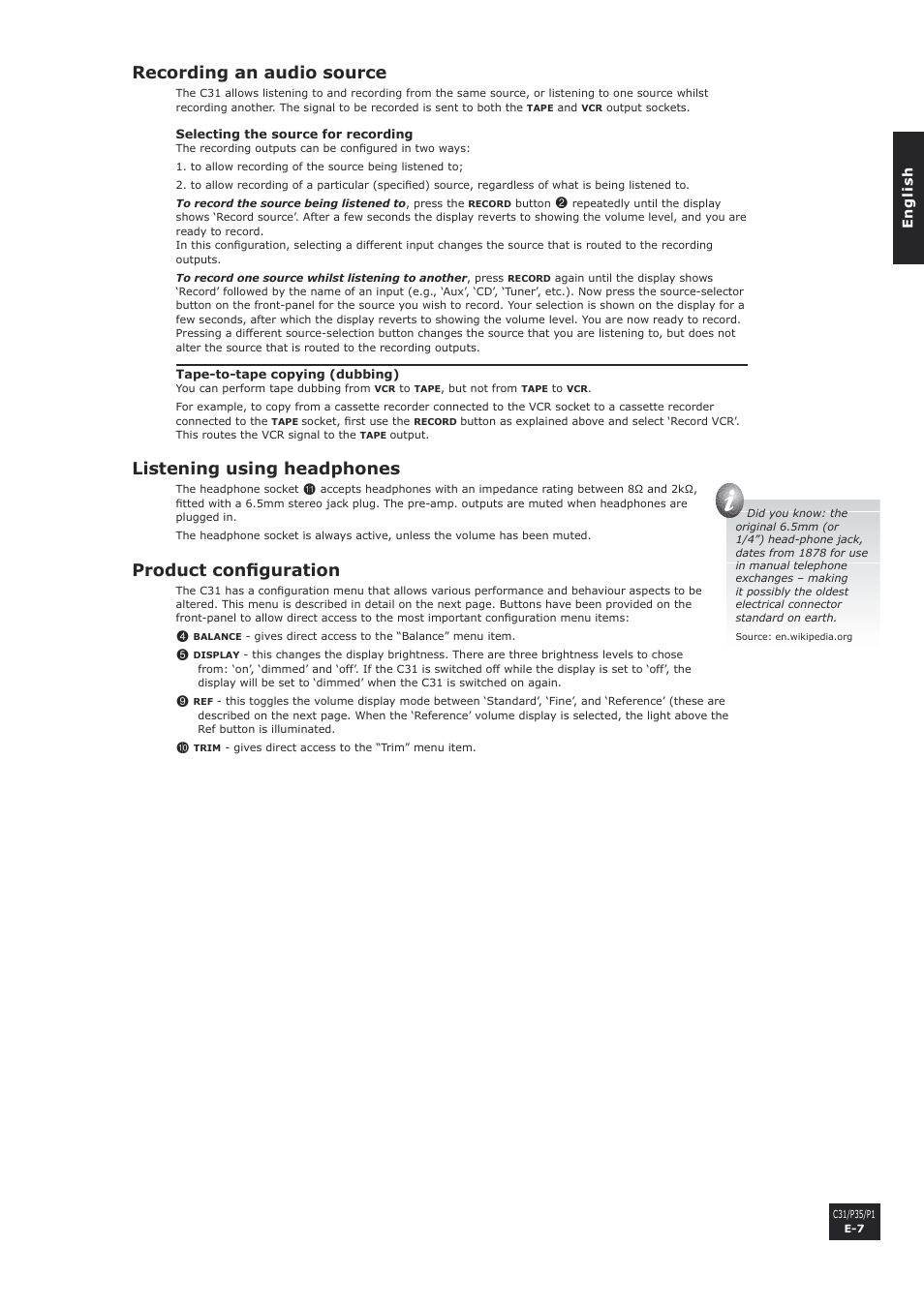 Recording an audio source, Listening using headphones, Product configuration | E-7 listening using headphones, E-7 product configuration | Arcam P1 User Manual | Page 7 / 18