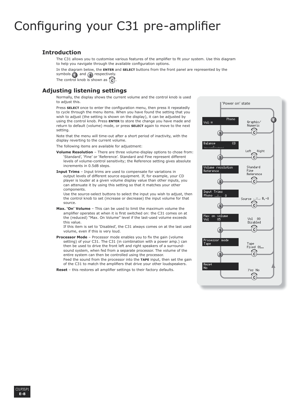 Configuring your c31 pre-amplifier, Introduction, Adjusting listening settings | E-8 adjusting listening settings, Confi guring your c31 pre-amplifi er | Arcam P1 User Manual | Page 8 / 18