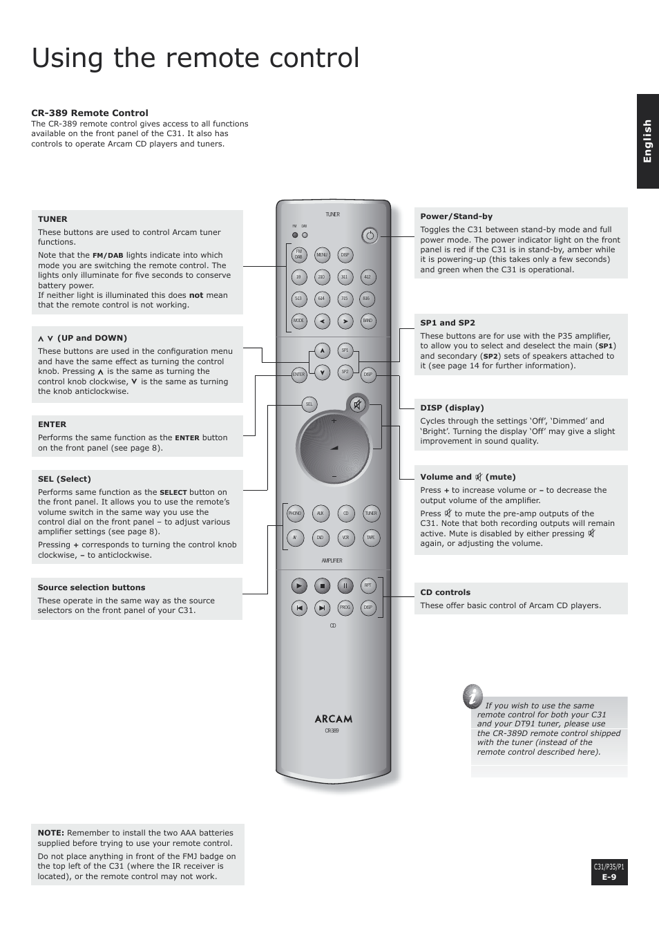 Using the remote control, En g li s h | Arcam P1 User Manual | Page 9 / 18