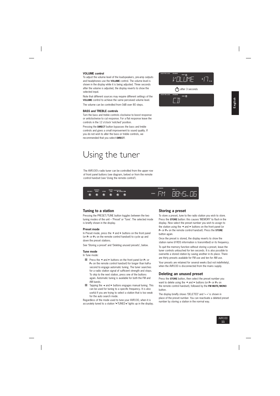 Using the tuner, Tuning to a station, Storing a preset | Deleting an unused preset | Arcam surround sound receiver AVR100 User Manual | Page 11 / 17