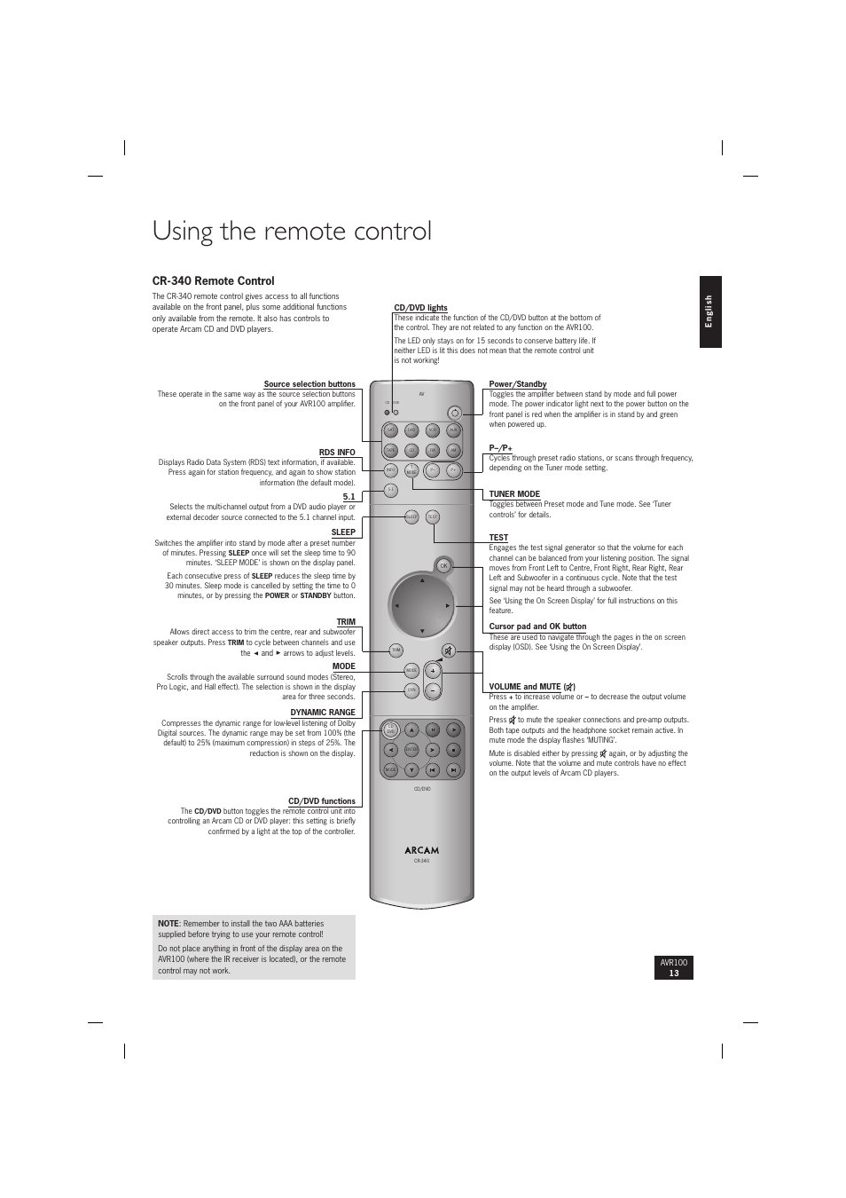 Using the remote control, Cr-340 remote control | Arcam surround sound receiver AVR100 User Manual | Page 13 / 17