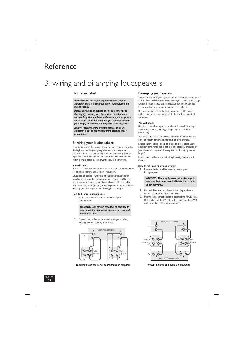 Bi-wiring and bi-amping loudspeakers reference, Before you start, Bi-wiring your loudspeakers | Bi-amping your system | Arcam surround sound receiver AVR100 User Manual | Page 14 / 17