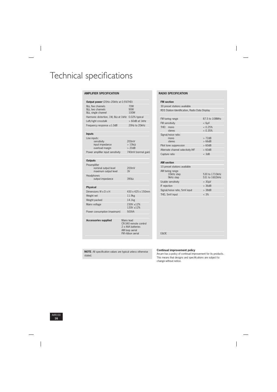 Technical specifi cations | Arcam surround sound receiver AVR100 User Manual | Page 16 / 17