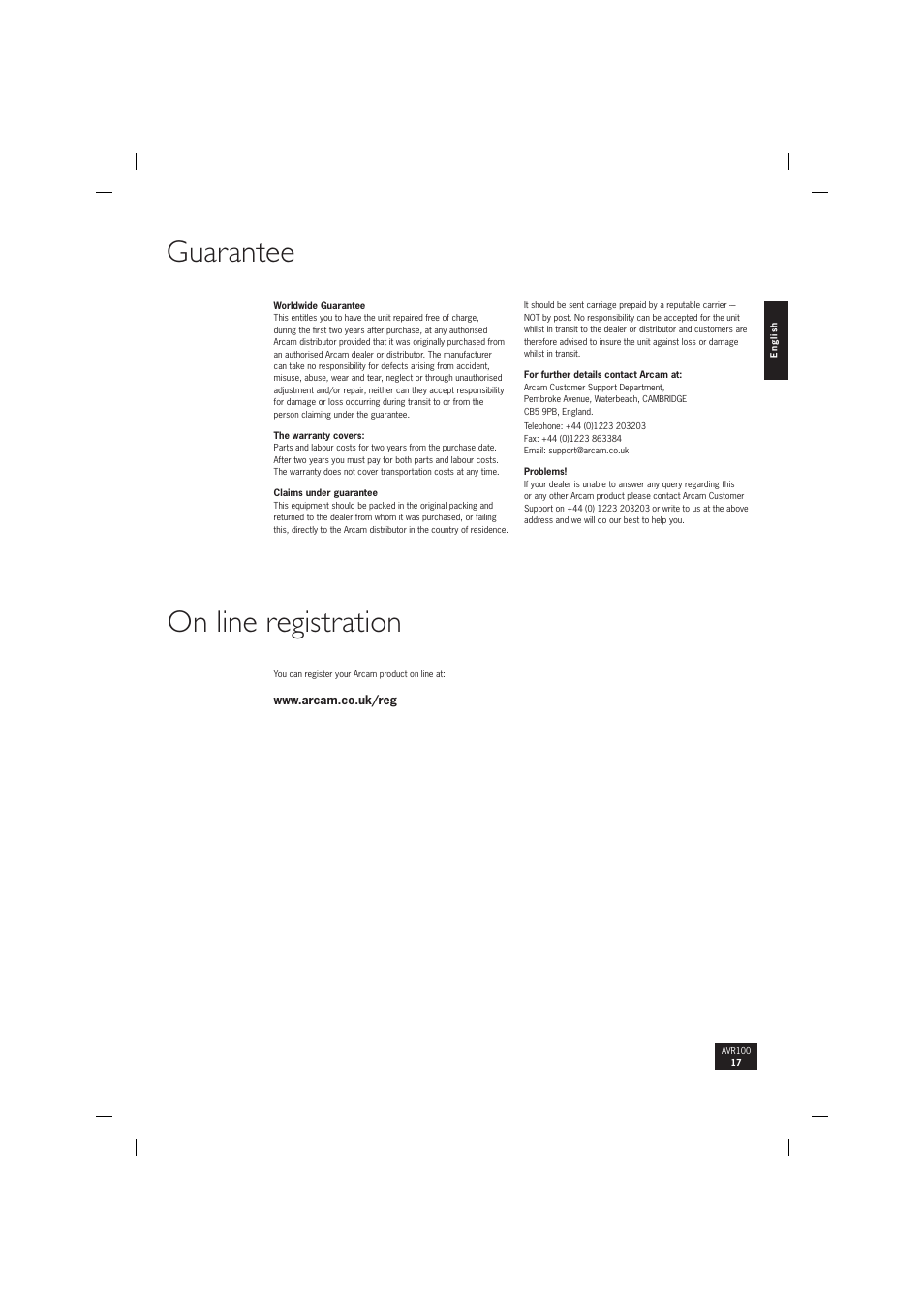 Guarantee on line registration | Arcam surround sound receiver AVR100 User Manual | Page 17 / 17