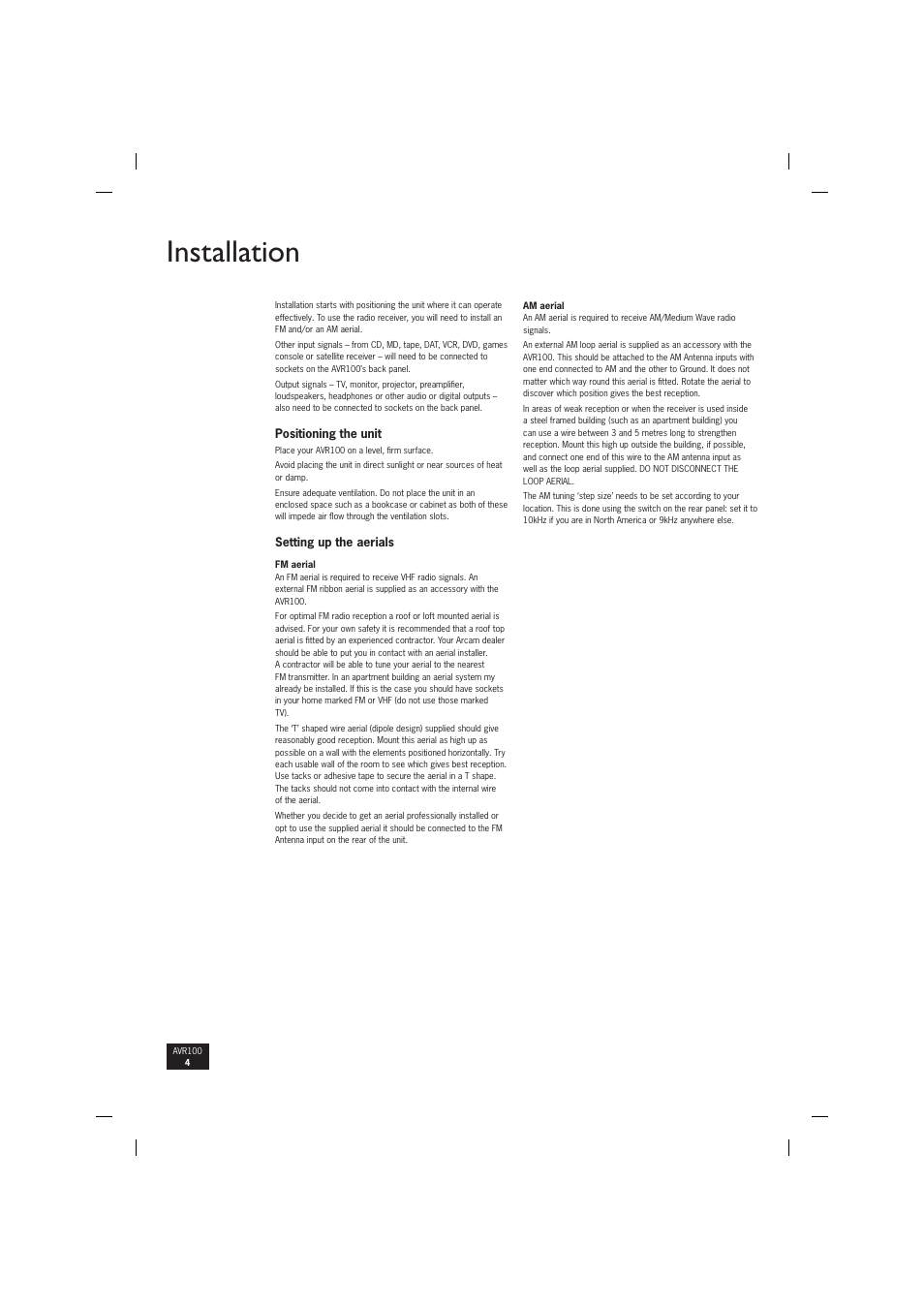 Installation | Arcam surround sound receiver AVR100 User Manual | Page 4 / 17