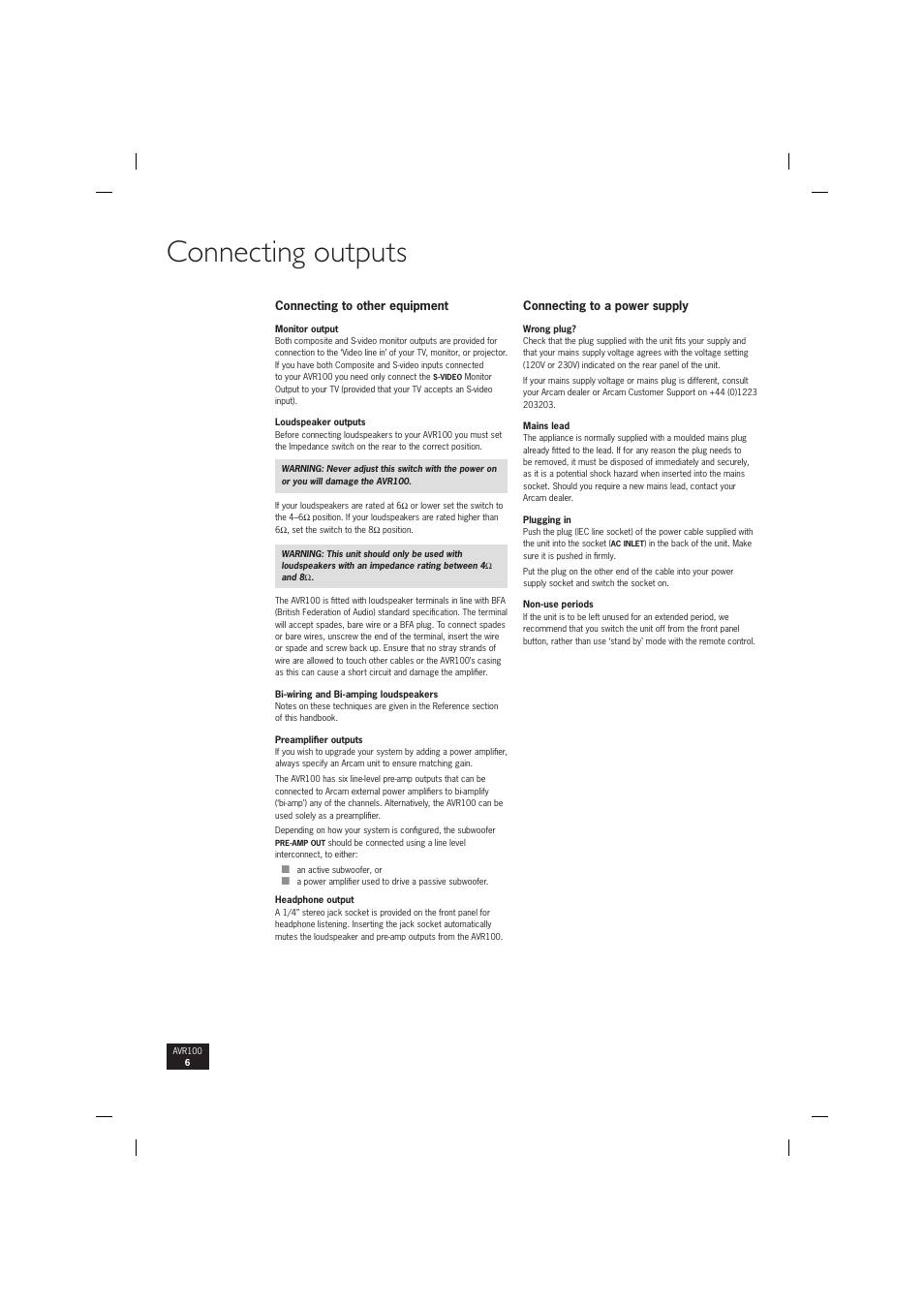 Connecting outputs | Arcam surround sound receiver AVR100 User Manual | Page 6 / 17