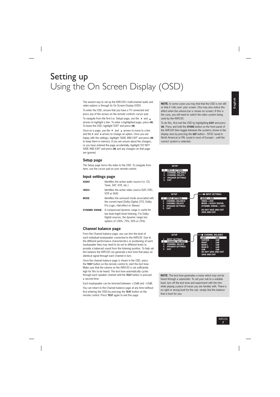 Setting up using the on screen display (osd), Setup page, Input settings page | Channel balance page | Arcam surround sound receiver AVR100 User Manual | Page 7 / 17