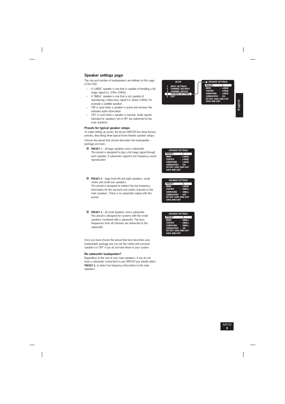 Speaker settings page | Arcam surround sound receiver AVR100 User Manual | Page 9 / 17