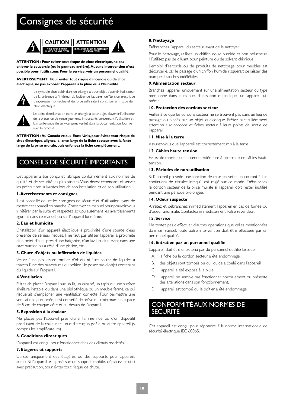 Consignes de sécurité, Conseils de sécurité importants, Conformité aux normes de sécurité | Arcam C30 User Manual | Page 18 / 52