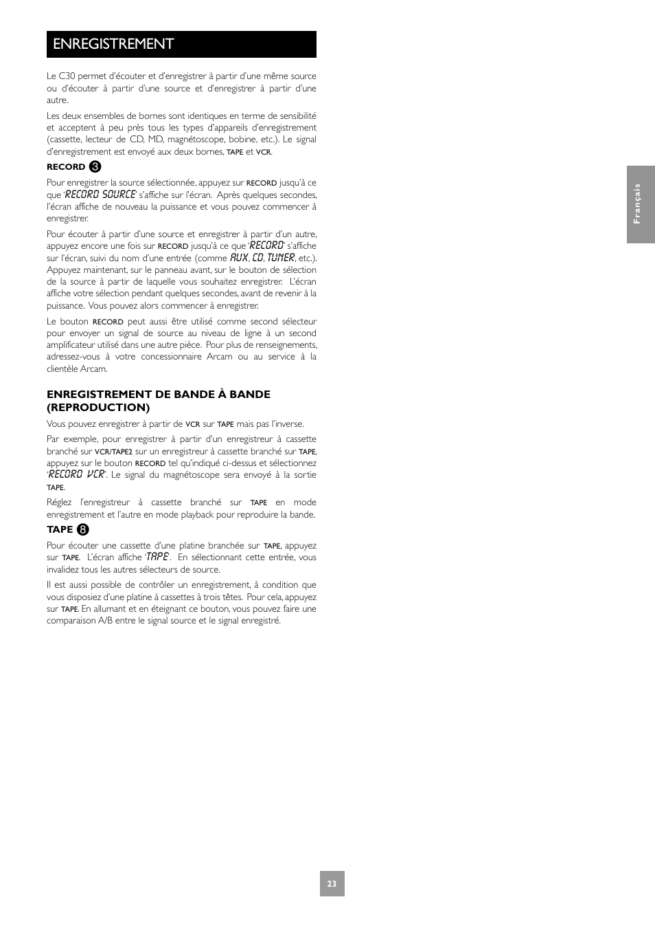 Enregistrement | Arcam C30 User Manual | Page 23 / 52