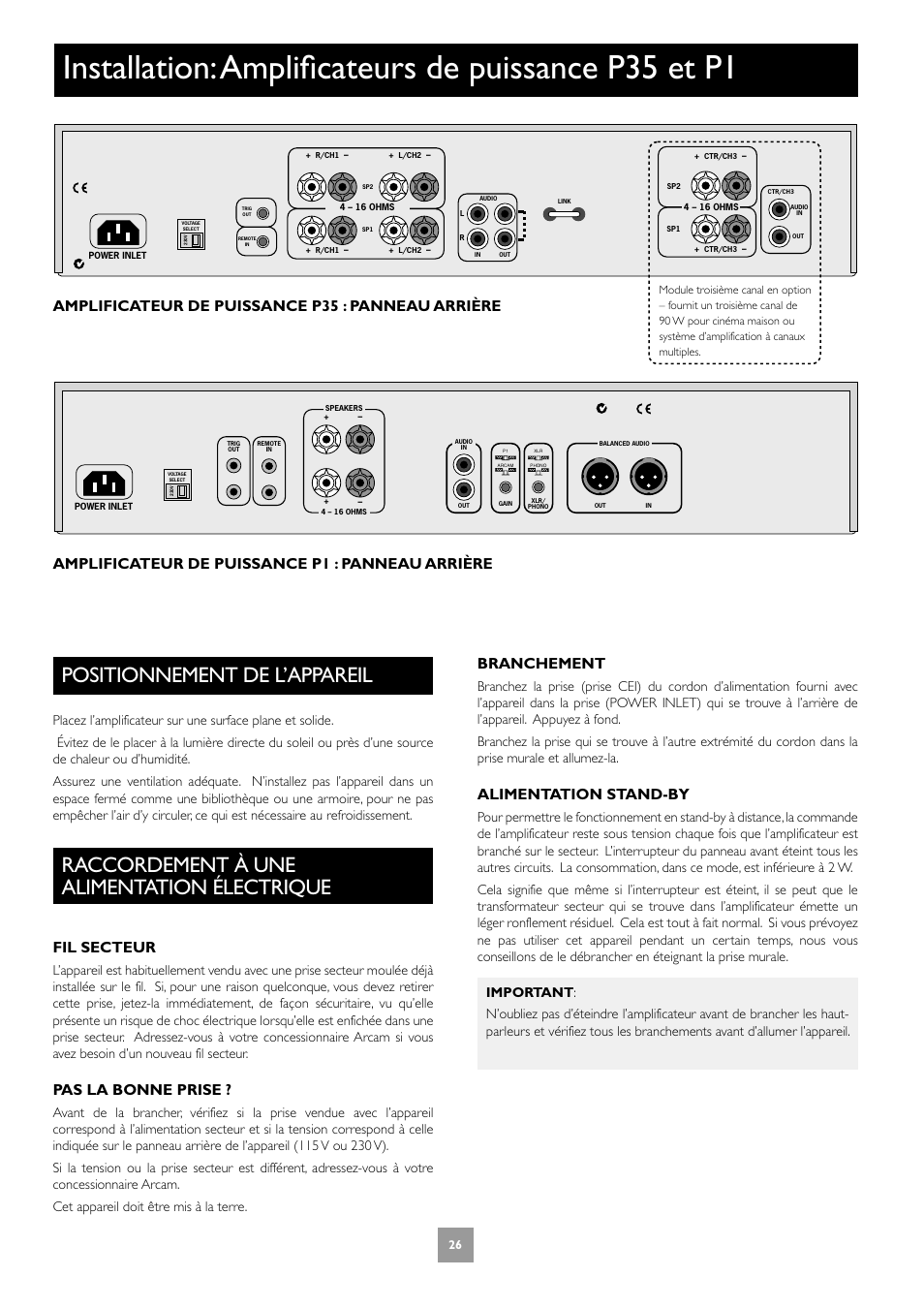 Positionnement de l’appareil, Raccordement à une alimentation électrique, 26 raccordement à une alimentation électrique | Fil secteur, Pas la bonne prise, Branchement, Alimentation stand-by | Arcam C30 User Manual | Page 26 / 52