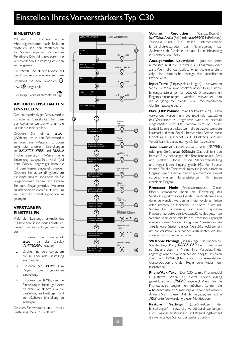 Einstellen ihres vorverstärkers typ c30, Einleitung, Abhöreigenschaften einstellen | Verstärker einstellen | Arcam C30 User Manual | Page 40 / 52