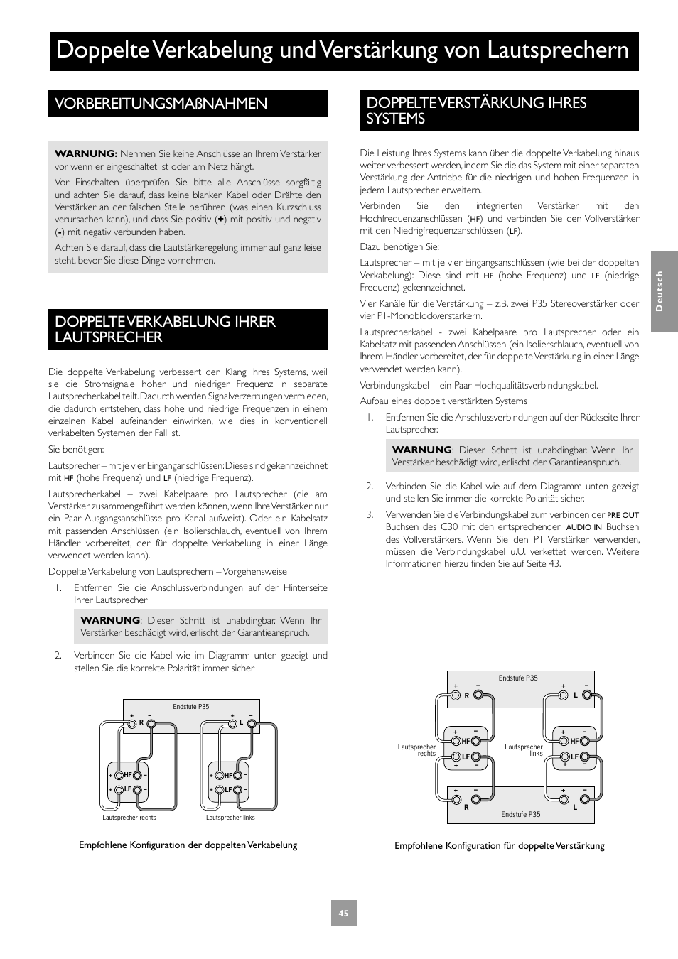 Vorbereitungsmaßnahmen, Doppelte verkabelung ihrer lautsprecher, Doppelte verstärkung ihres systems | 45 doppelte verkabelung ihrer lautsprecher | Arcam C30 User Manual | Page 45 / 52