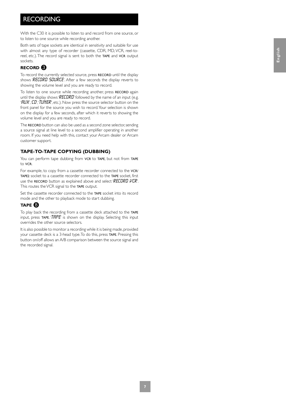 Recording | Arcam C30 User Manual | Page 7 / 52