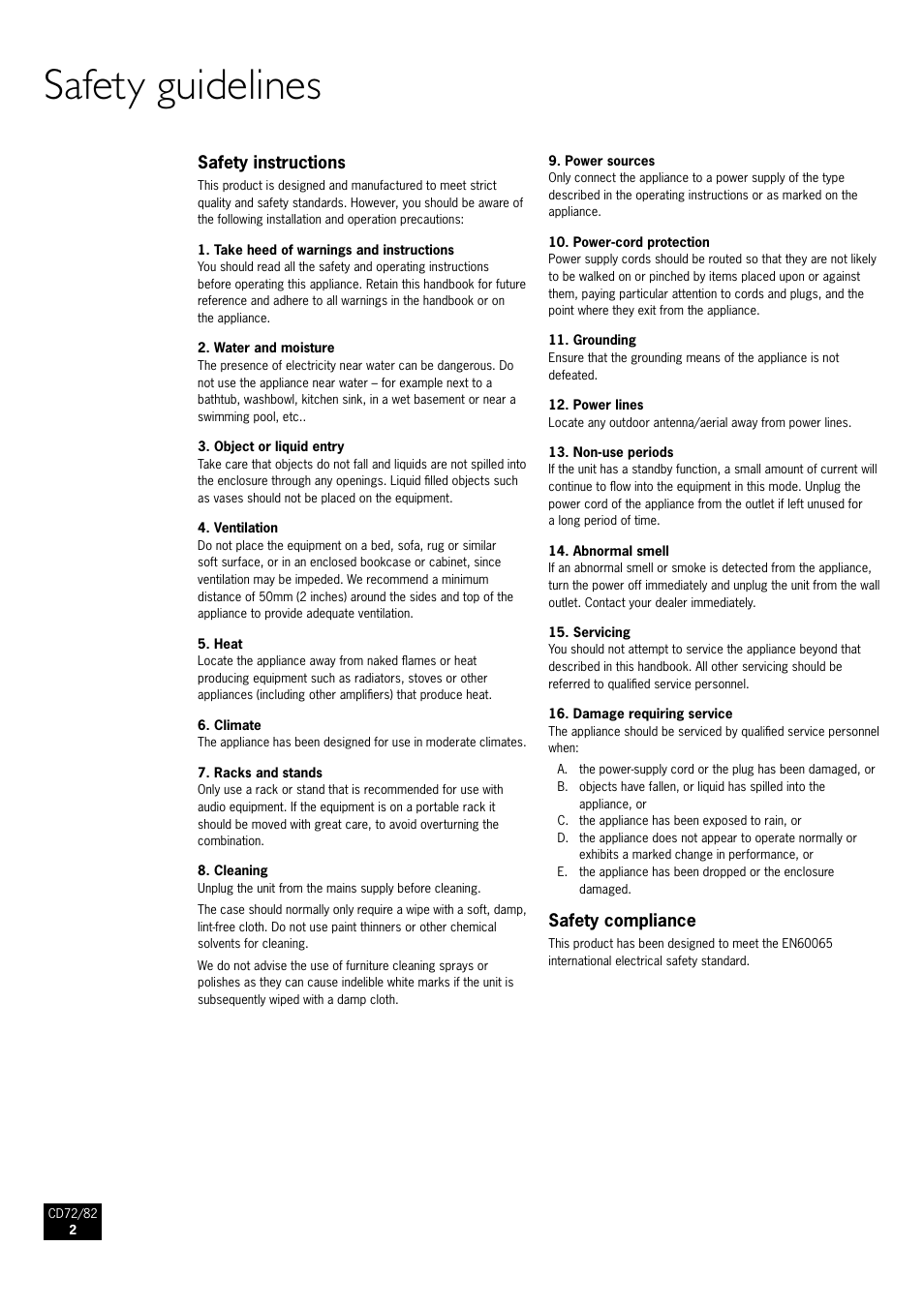 Safety guidelines, Safety instructions, Safety compliance | Arcam CD82 User Manual | Page 2 / 8
