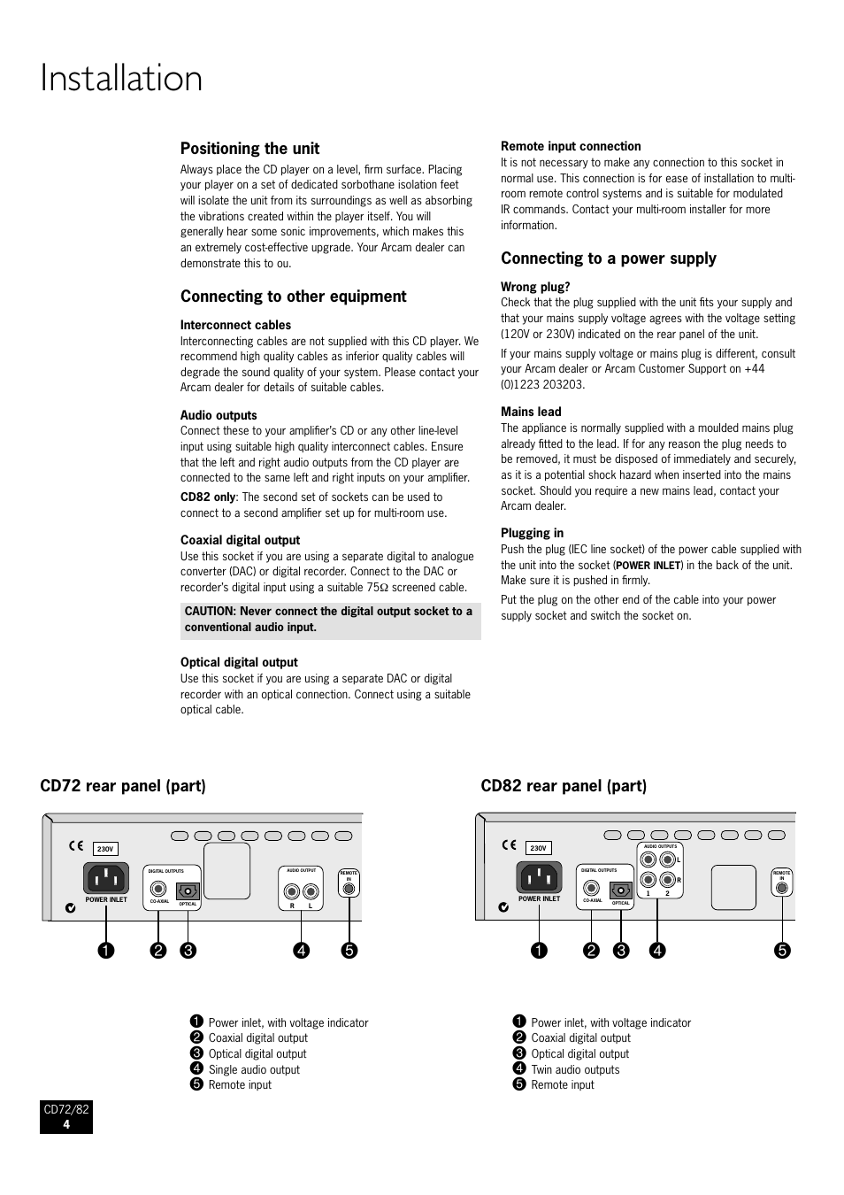 Installation, Cd72 back panel: cd92 back panel | Arcam CD82 User Manual | Page 4 / 8