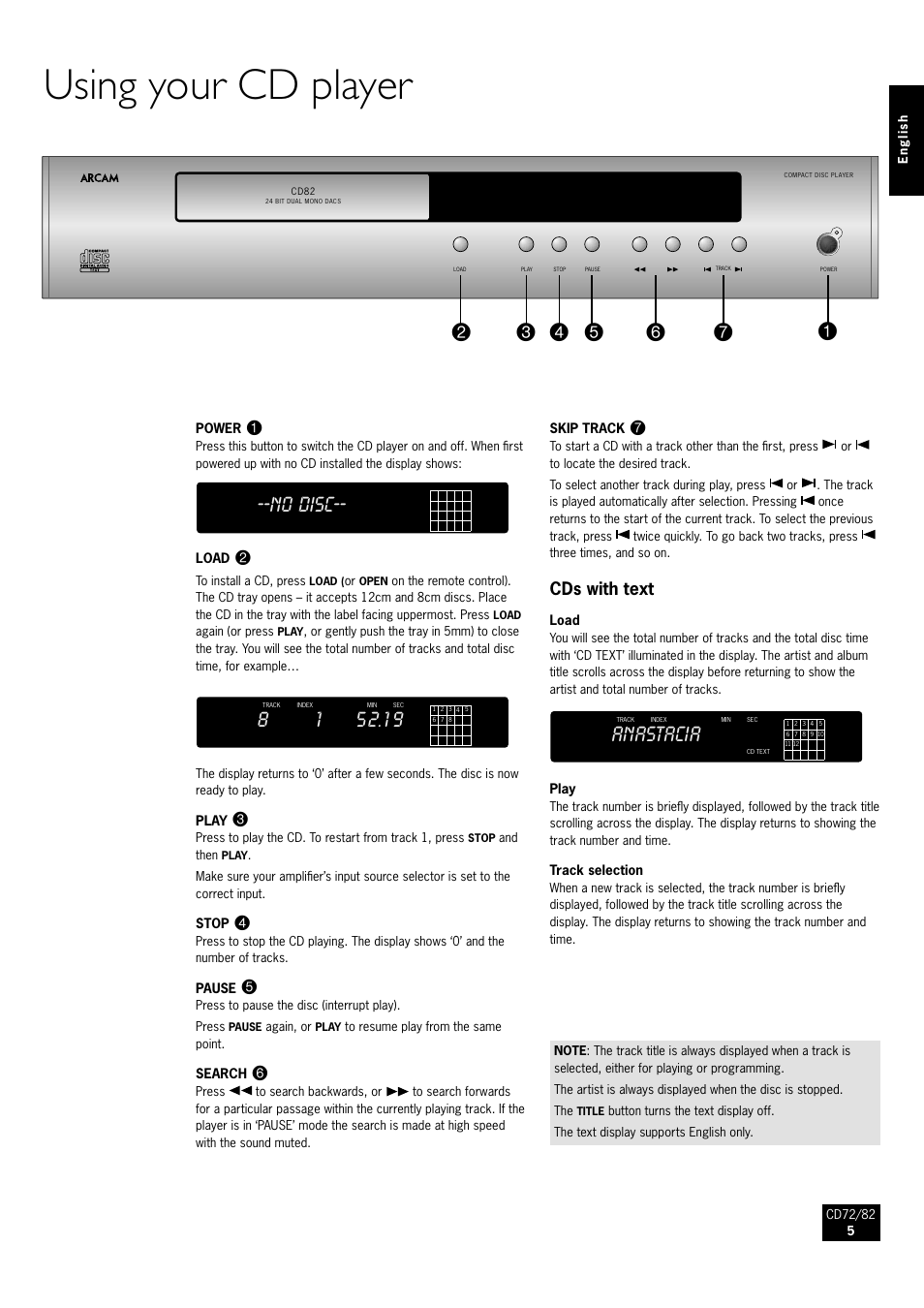 Using your cd player, No disc, Anastacia | Cds with text | Arcam CD82 User Manual | Page 5 / 8