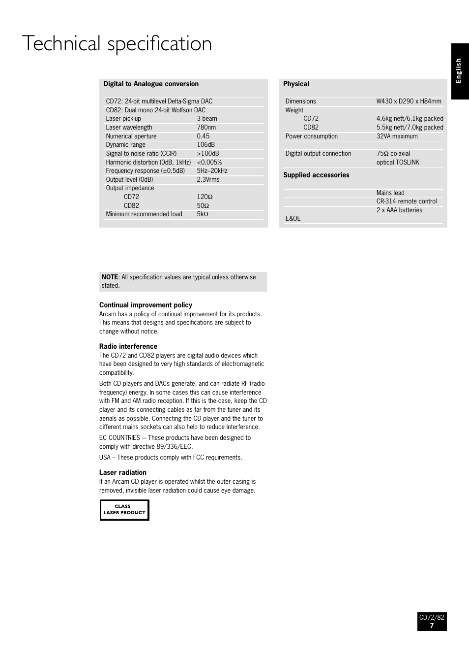 Technical specification | Arcam CD82 User Manual | Page 7 / 8