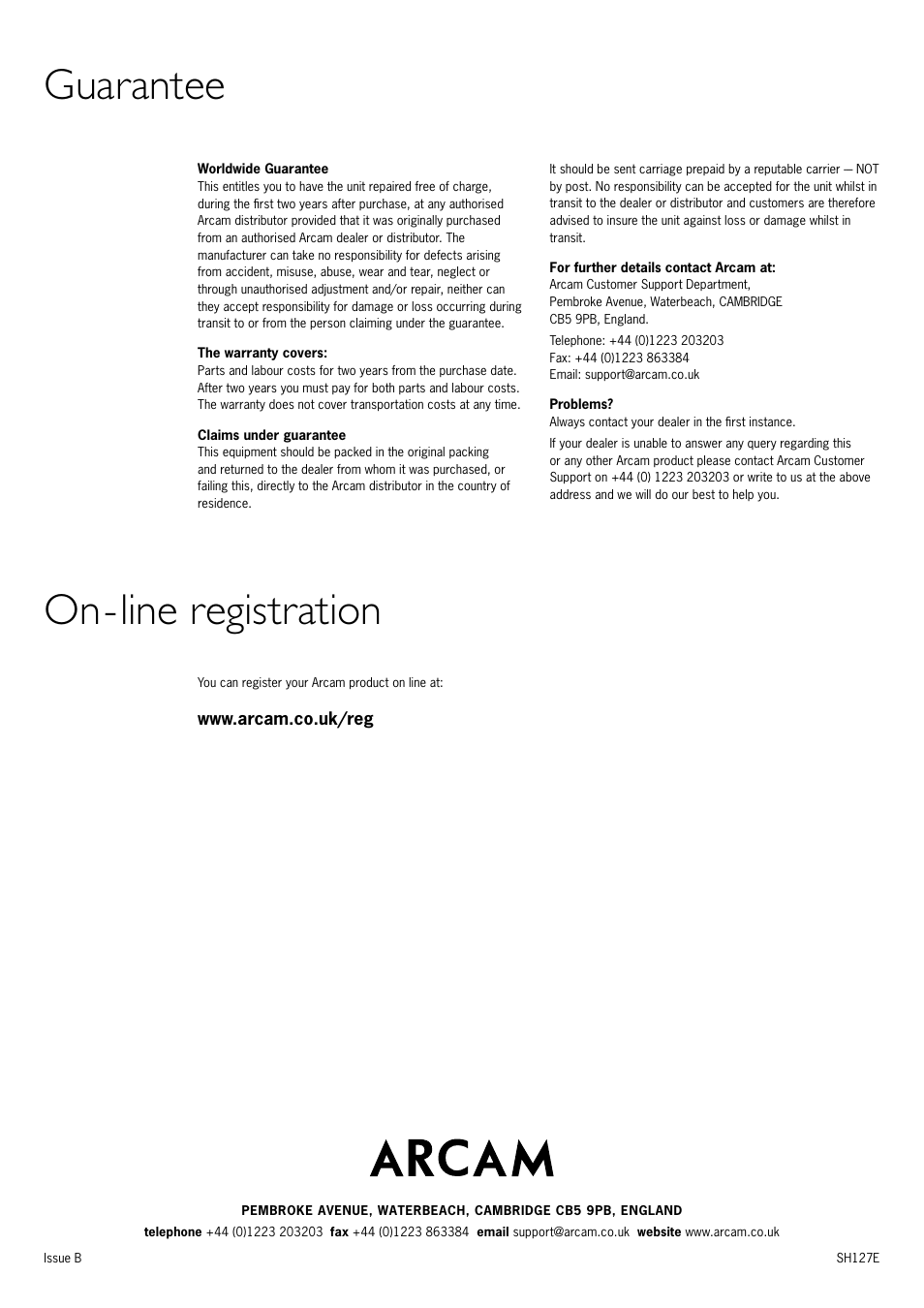 Guarantee on-line registration | Arcam CD82 User Manual | Page 8 / 8