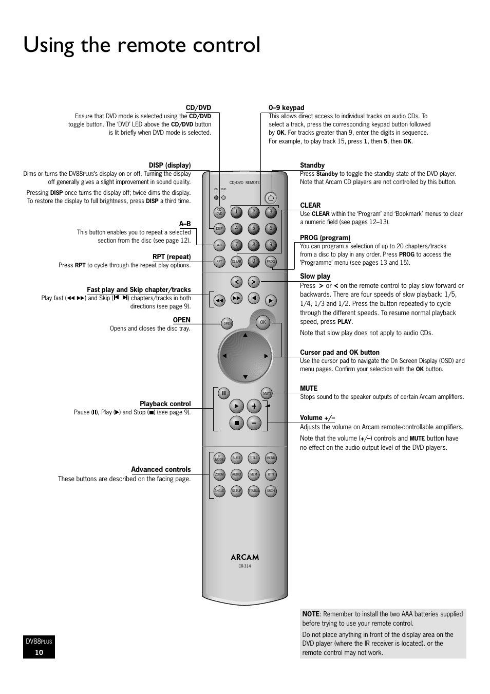Using the remote control | Arcam DVD Player DV88Plus User Manual | Page 10 / 20