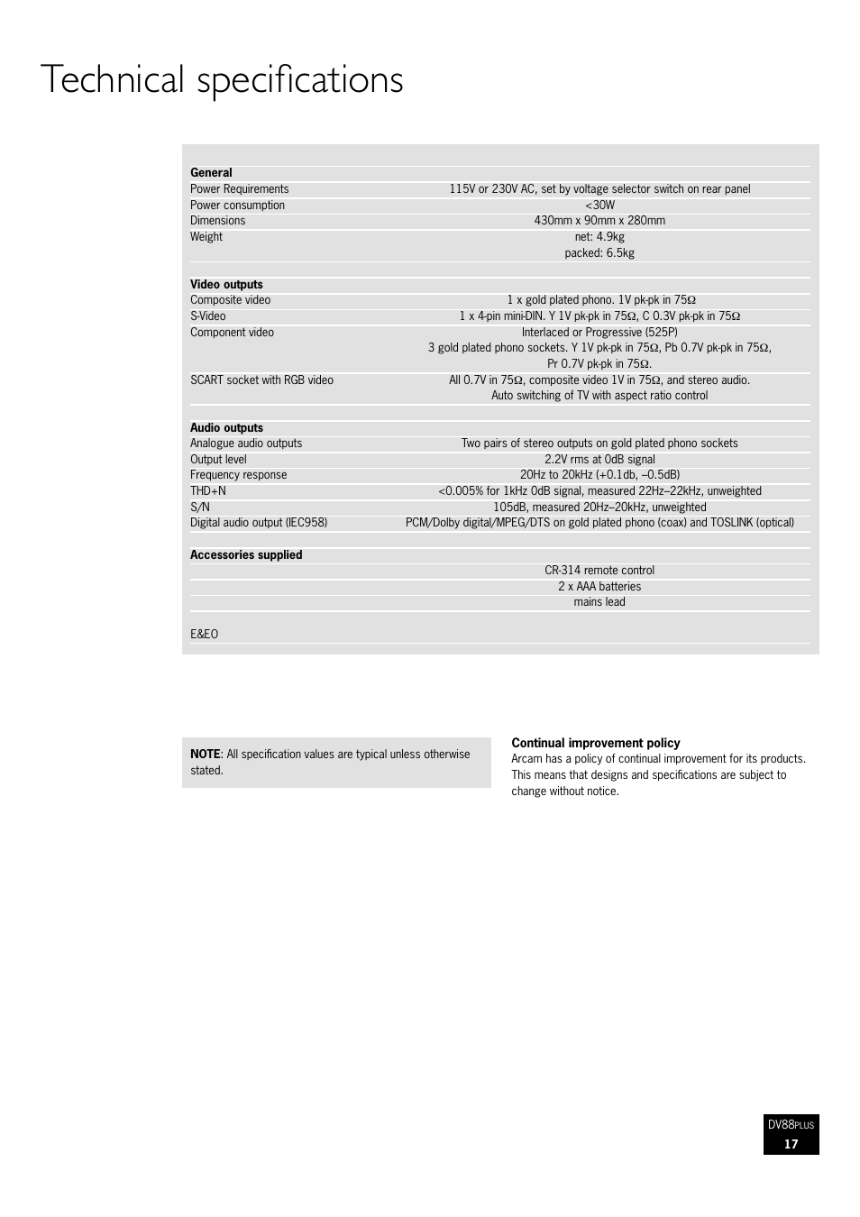 Technical specifications | Arcam DVD Player DV88Plus User Manual | Page 17 / 20