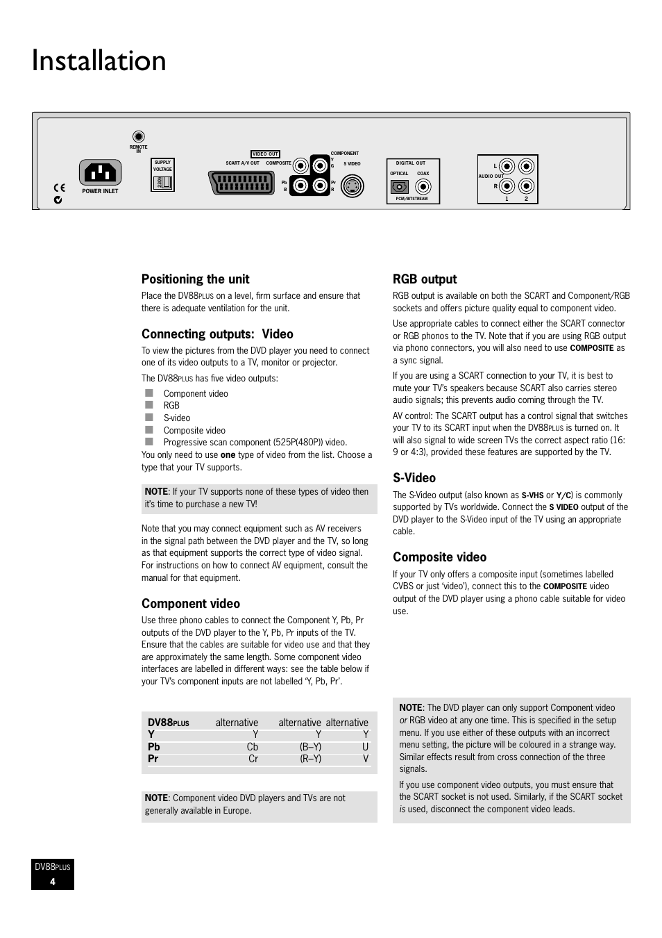 Installation, Positioning the unit, Connecting outputs: video | Component video, Rgb output, S-video, Composite video | Arcam DVD Player DV88Plus User Manual | Page 4 / 20