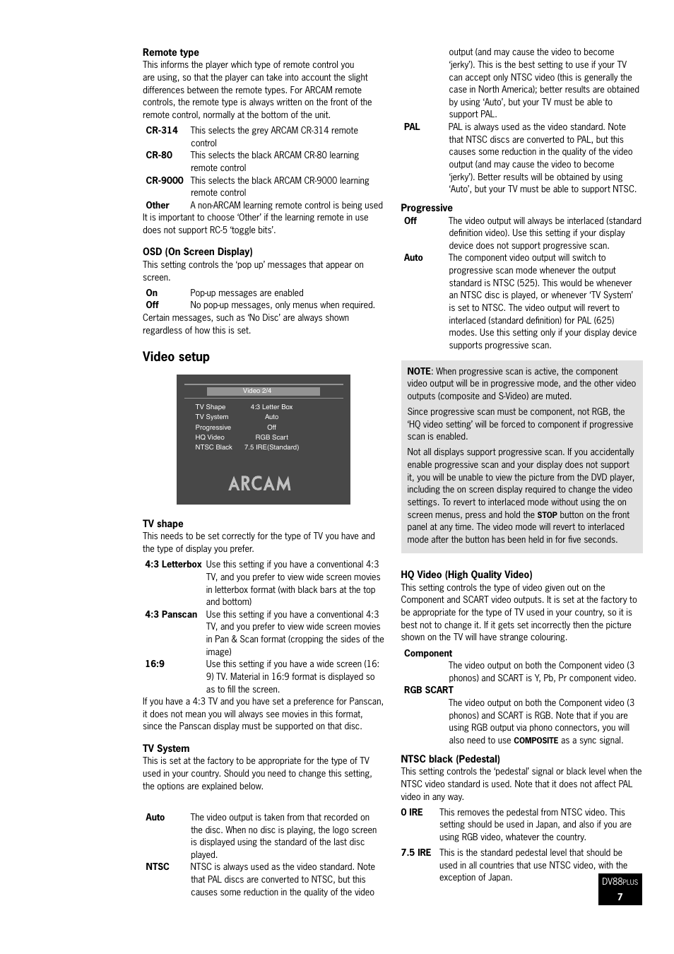 Video setup | Arcam DVD Player DV88Plus User Manual | Page 7 / 20