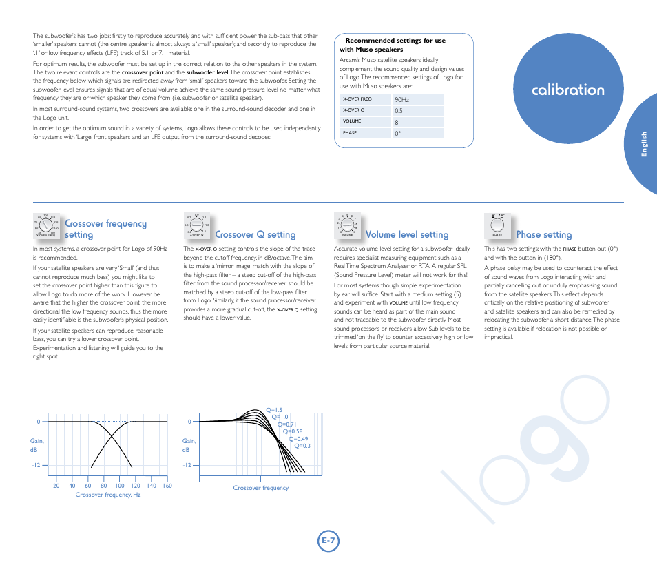 Log o, Calibration, Crossover frequency setting | Crossover q setting, Volume level setting, Phase setting | Arcam Logo User Manual | Page 7 / 8