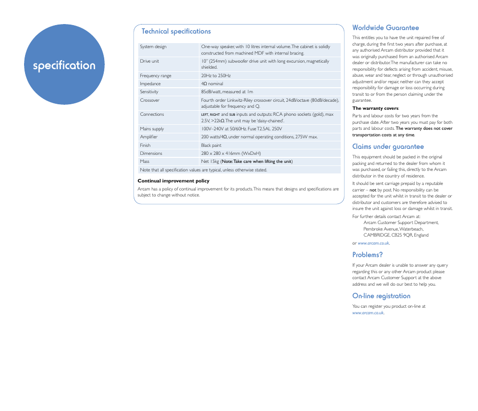 Specification, Technical specifications, Worldwide guarantee | Claims under guarantee, Problems, On-line registration | Arcam Logo User Manual | Page 8 / 8
