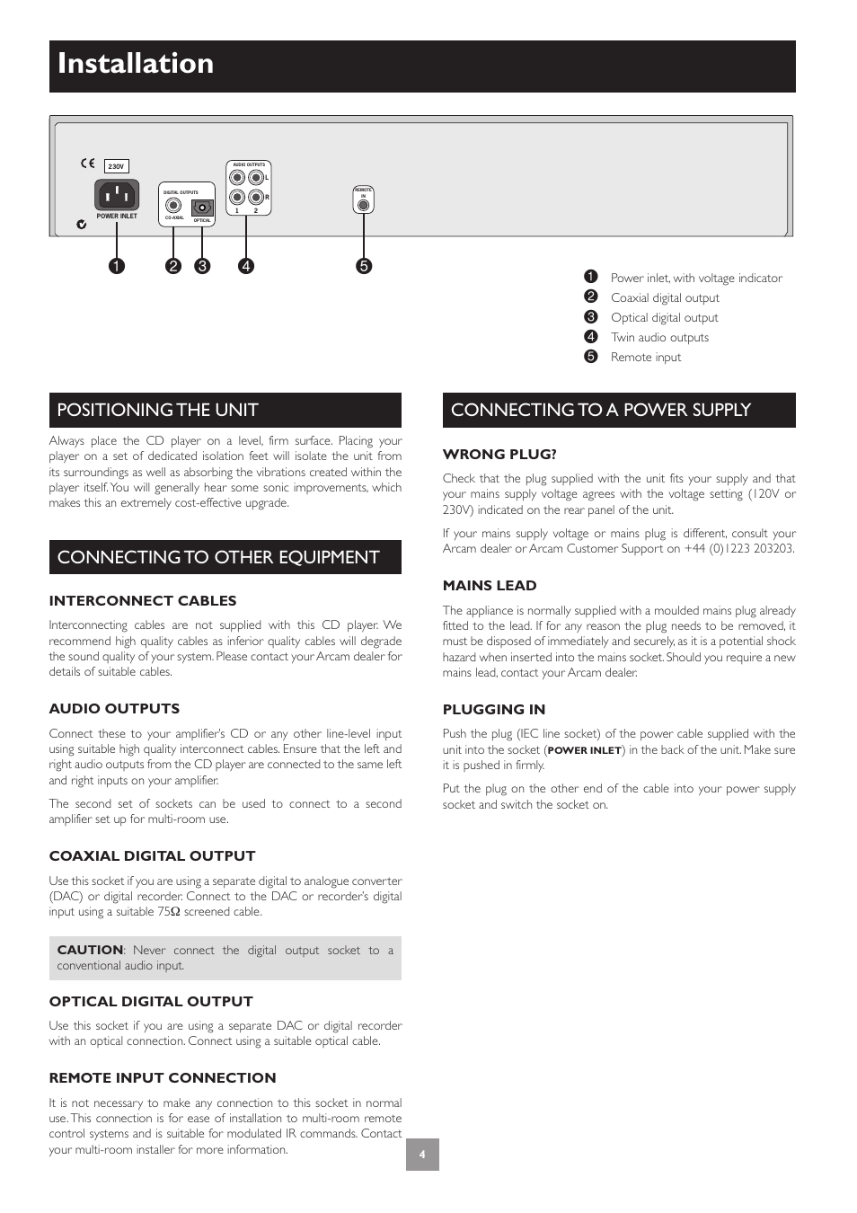 Installation, Positioning the unit, Connecting to other equipment | Connecting to a power supply | Arcam CD33 User Manual | Page 4 / 8