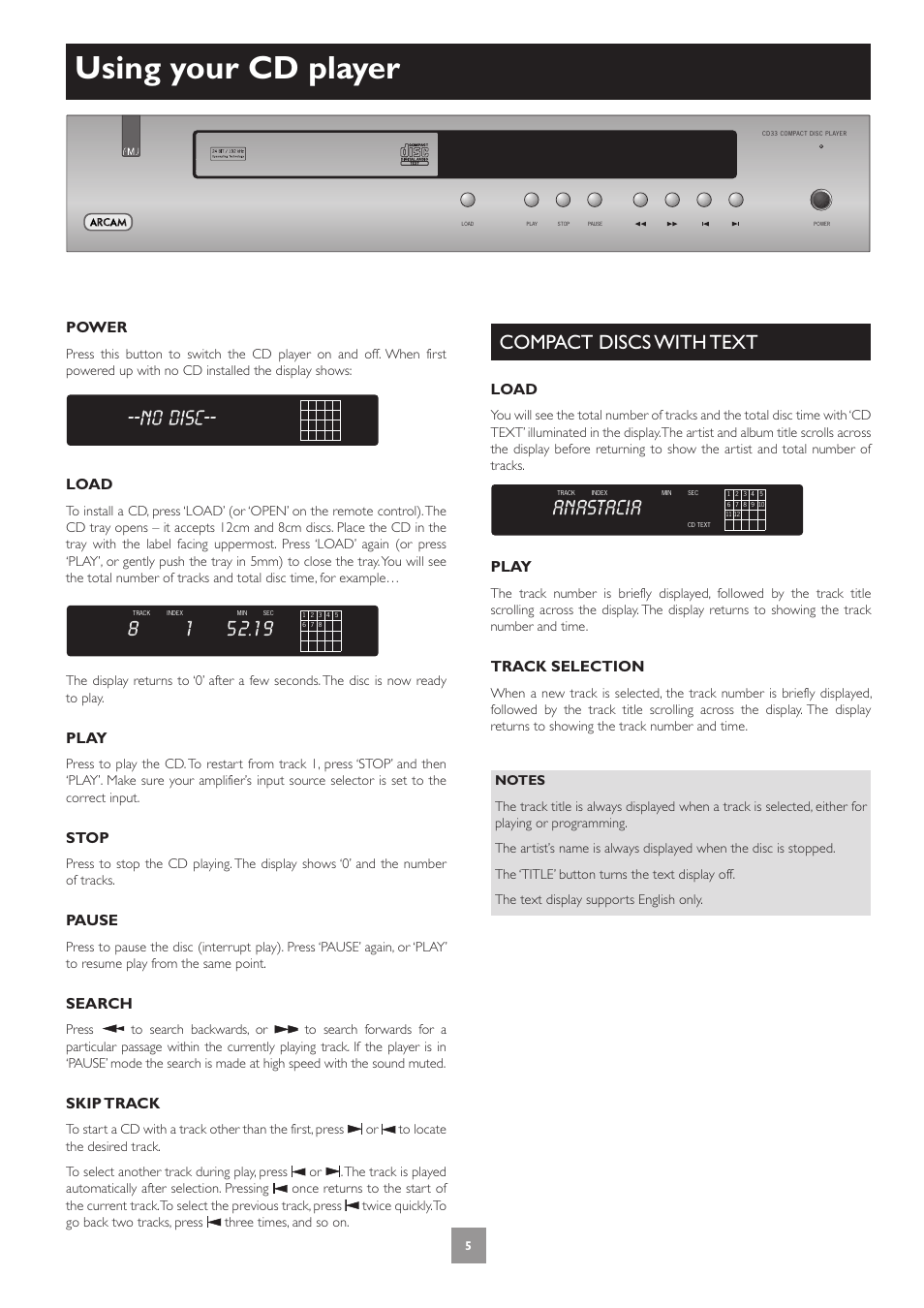 Using your cd player, Compact discs with text, Power | Load, Play, Stop, Pause, Search, Skip track, Track selection | Arcam CD33 User Manual | Page 5 / 8