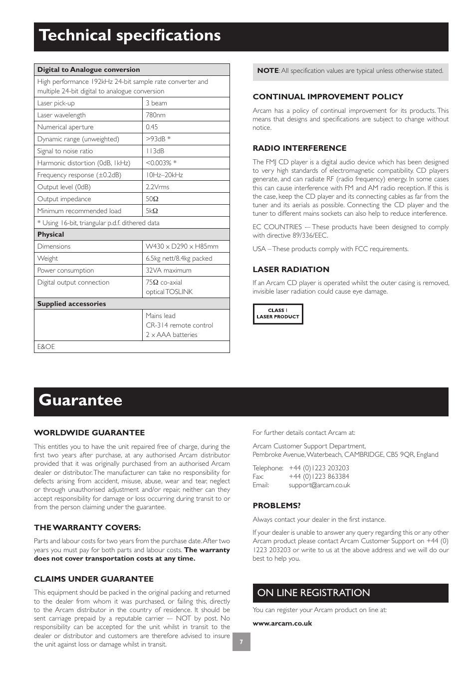 Technical specifications, Guarantee, On line registration | Arcam CD33 User Manual | Page 7 / 8