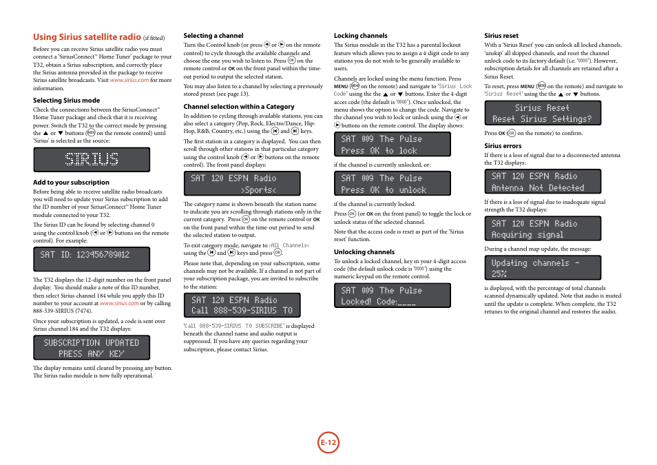 Using sirius satellite radio (if fitted), Using sirius satellite radio, E-12 | Arcam Manuel Tuner radio T32 User Manual | Page 14 / 72