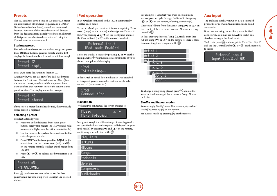 Presets, Ipod operation, Aux input | Arcam Manuel Tuner radio T32 User Manual | Page 15 / 72