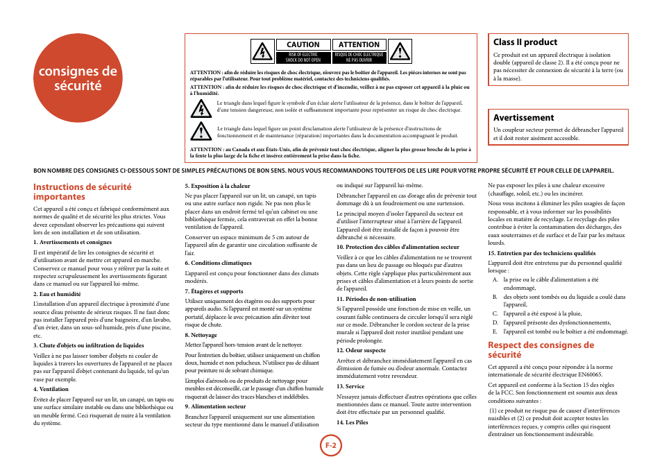 Consignes de sécurité, Instructions de sécurité importantes, Respect des consignes de sécurité | Class ii product, Avertissement | Arcam Manuel Tuner radio T32 User Manual | Page 22 / 72