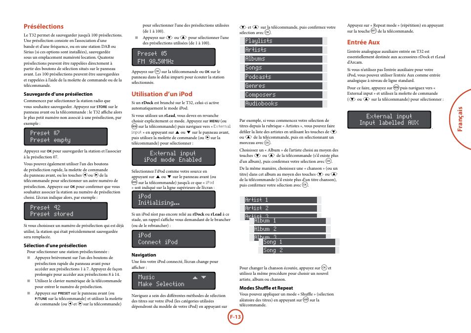 Présélections, Utilisation d’un ipod, Entrée aux | Arcam Manuel Tuner radio T32 User Manual | Page 33 / 72