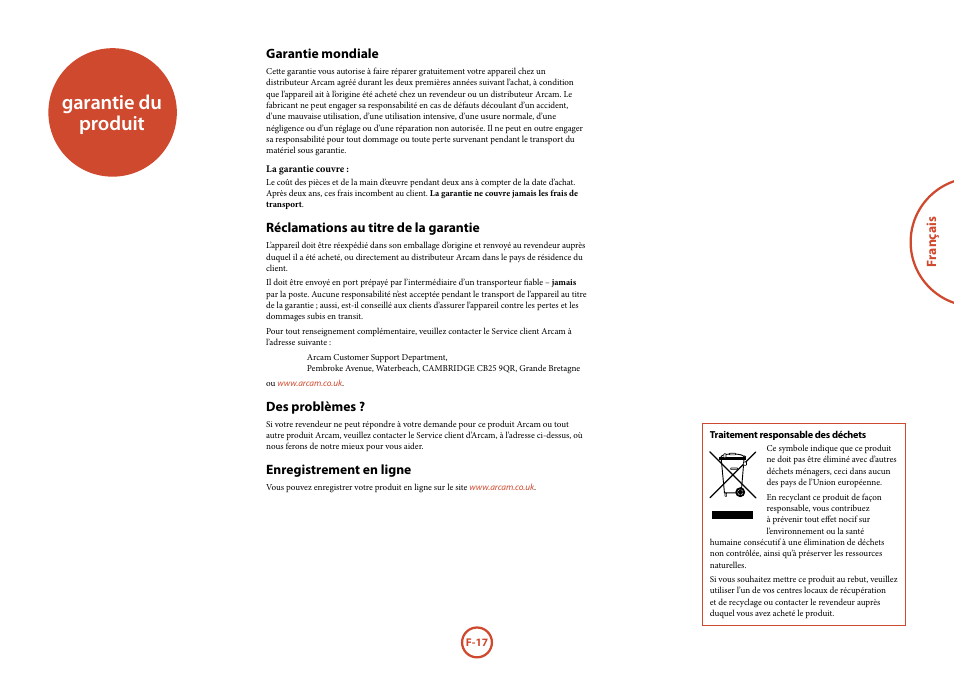 Garantie du produit | Arcam Manuel Tuner radio T32 User Manual | Page 37 / 72