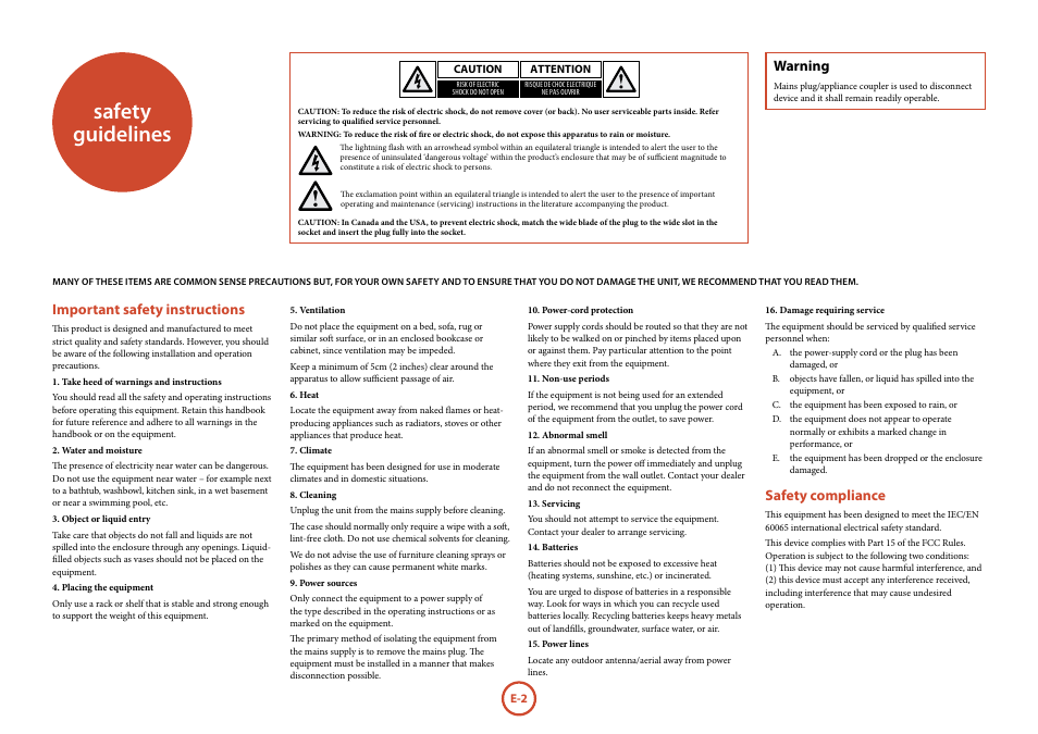 Safety guidelines, Important safety instructions, Safety compliance | Warning | Arcam Manuel Tuner radio T32 User Manual | Page 4 / 72