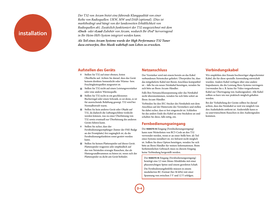 Installation, Aufstellen des geräts, Netzanschluss | Fernbedienungseingang, Verbindungskabel | Arcam Manuel Tuner radio T32 User Manual | Page 42 / 72