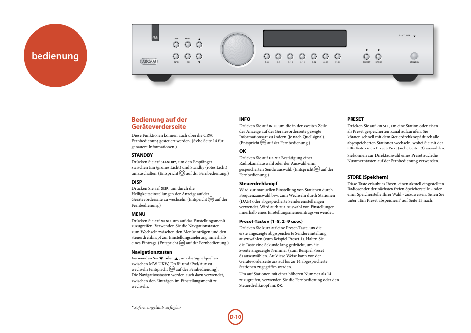 Bedienung, Bedienung auf der gerätevorderseite, Bedienung auf der gerätevorderseite .......d-10 | Arcam Manuel Tuner radio T32 User Manual | Page 48 / 72