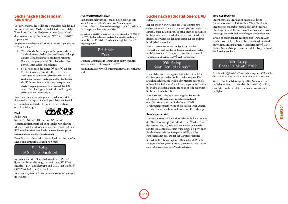 Suche nach radiosendern: mw/ukw, Suche nach radiostationen: dab (falls eingebaut), D-11 | Arcam Manuel Tuner radio T32 User Manual | Page 49 / 72
