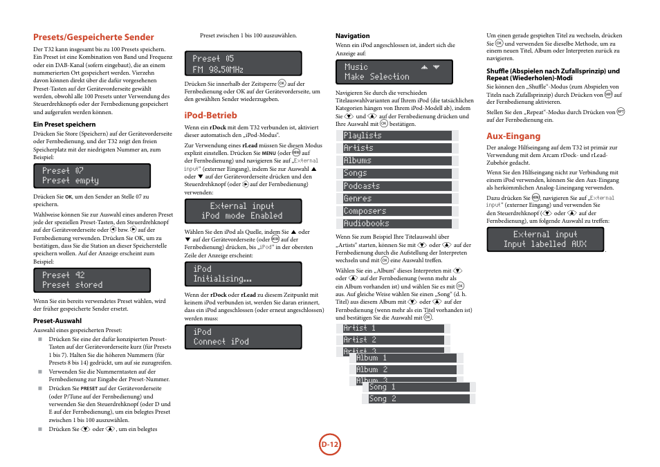 Presets/gespeicherte sender, Ipod-betrieb, Aux-eingang | Arcam Manuel Tuner radio T32 User Manual | Page 50 / 72