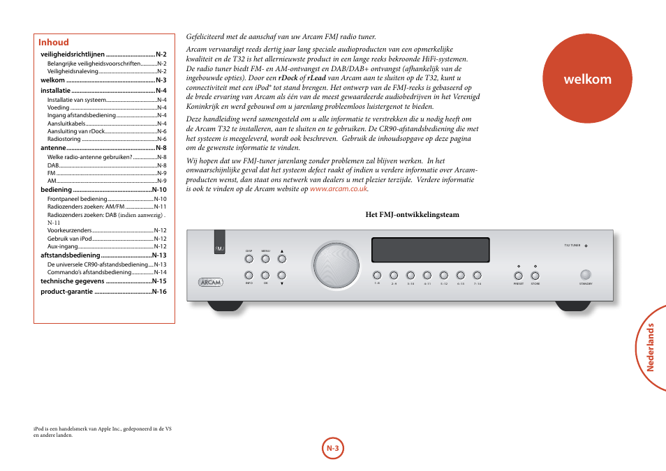 Welkom, Neder lands, Inhoud | Arcam Manuel Tuner radio T32 User Manual | Page 57 / 72