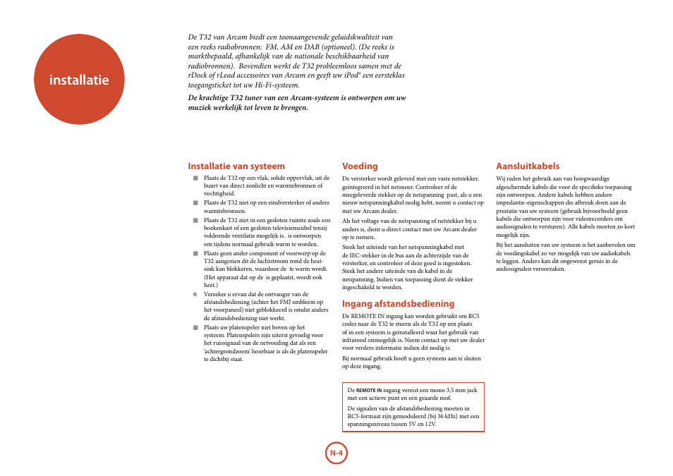 Installatie, Installatie van systeem, Voeding | Ingang afstandsbediening, Aansluitkabels | Arcam Manuel Tuner radio T32 User Manual | Page 58 / 72