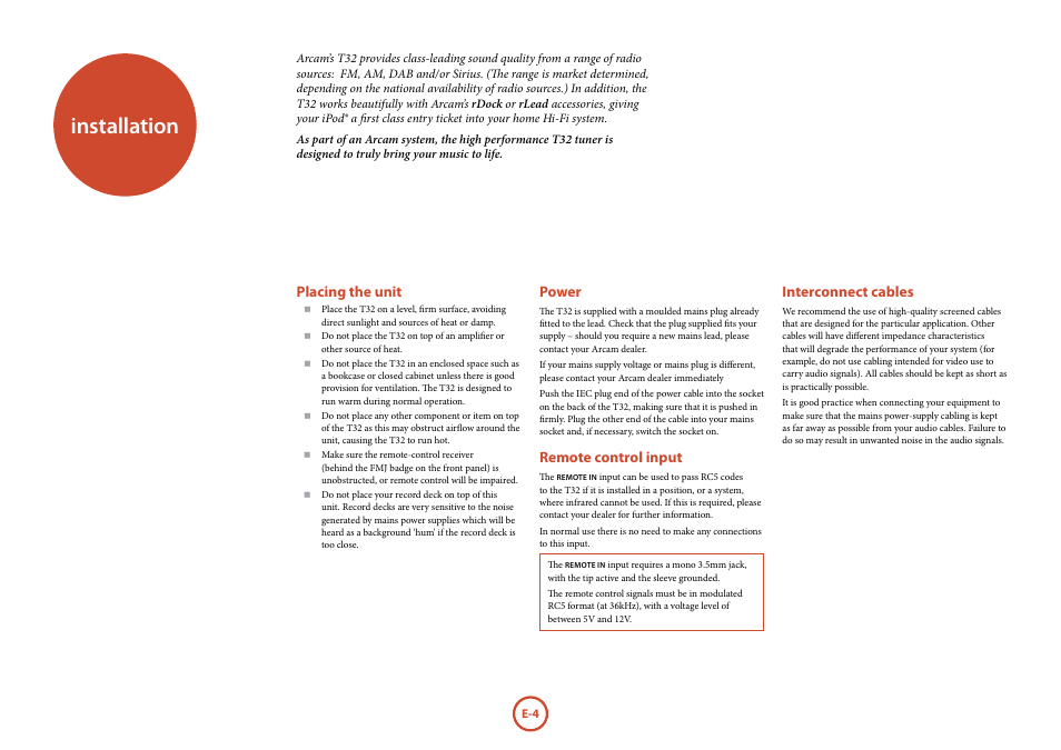 Installation, Placing the unit, Power | Remote control input, Interconnect cables | Arcam Manuel Tuner radio T32 User Manual | Page 6 / 72