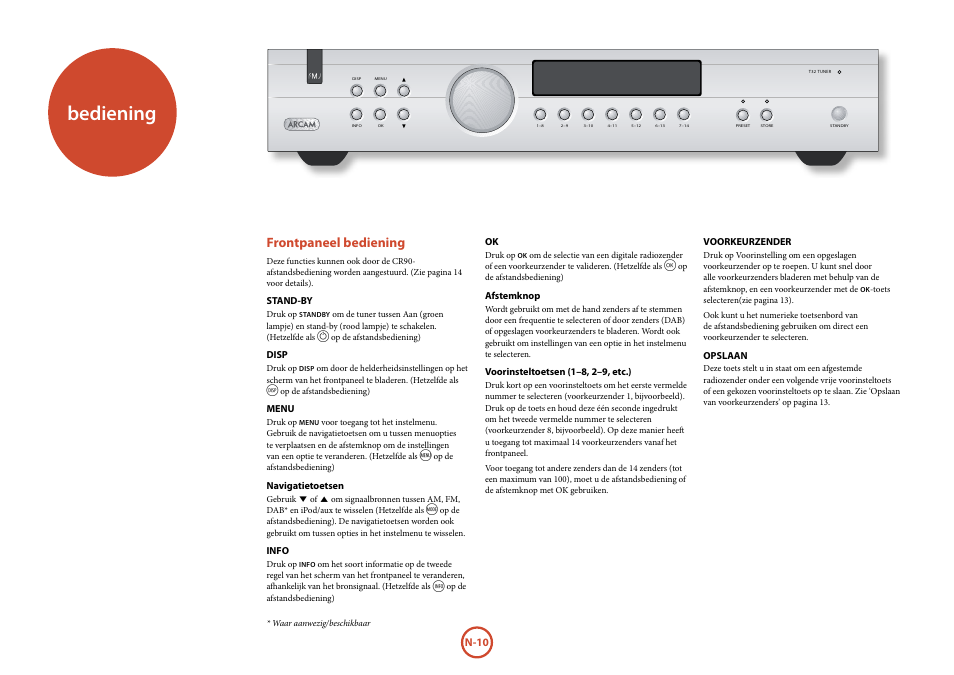 Bediening, Frontpaneel bediening | Arcam Manuel Tuner radio T32 User Manual | Page 64 / 72