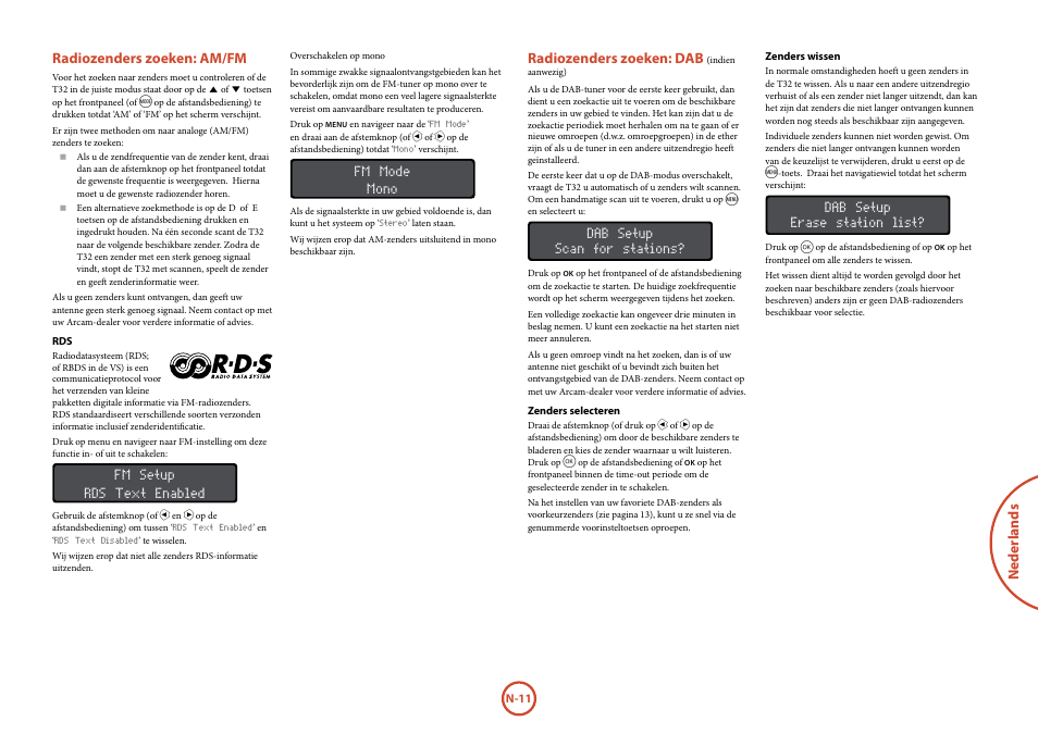 Radiozenders zoeken: am/fm, Radiozenders zoeken: dab (indien aanwezig), Indien aanwezig) | N-11 | Arcam Manuel Tuner radio T32 User Manual | Page 65 / 72
