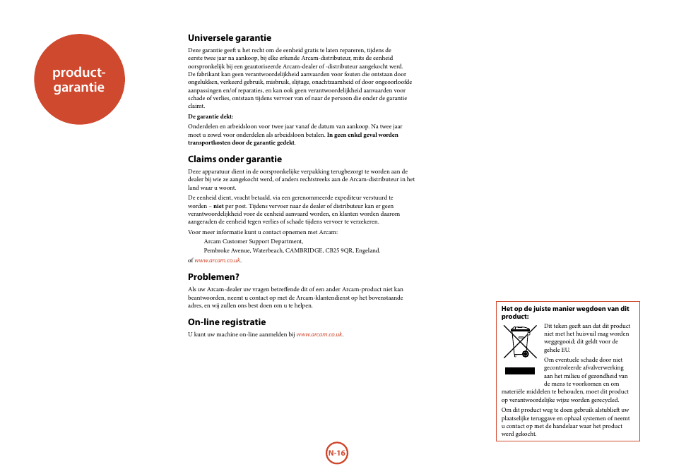 Product-garantie, Product- garantie | Arcam Manuel Tuner radio T32 User Manual | Page 70 / 72