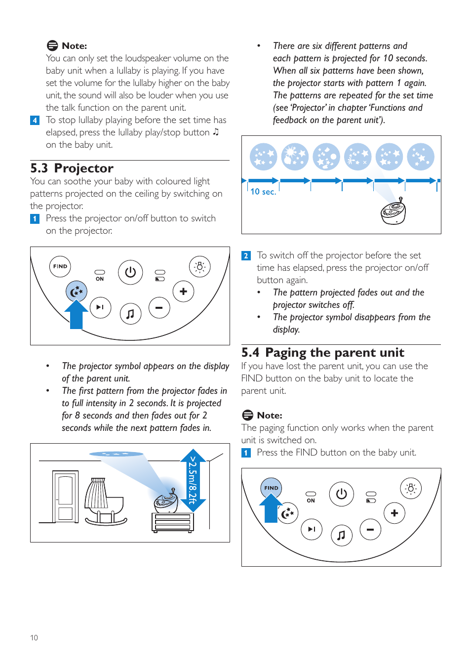 3 projector, 4 paging the parent unit | Philips AVENT Écoute-bébé DECT User Manual | Page 10 / 400