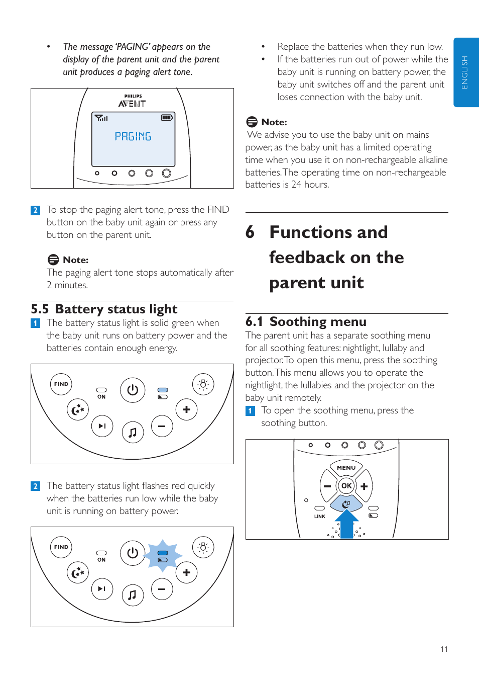 5 battery status light, Functions and feedback on the, Parent unit | 1 soothing menu, 6 functions and feedback on the parent unit | Philips AVENT Écoute-bébé DECT User Manual | Page 11 / 400